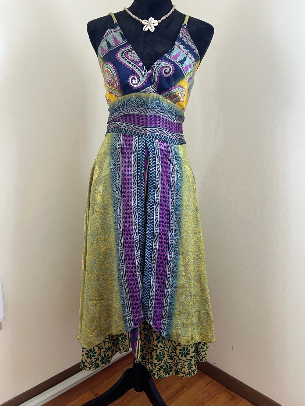 Bohemian V-Neck Mixed Print Maxi Dress in Purple, Yellow & Teal